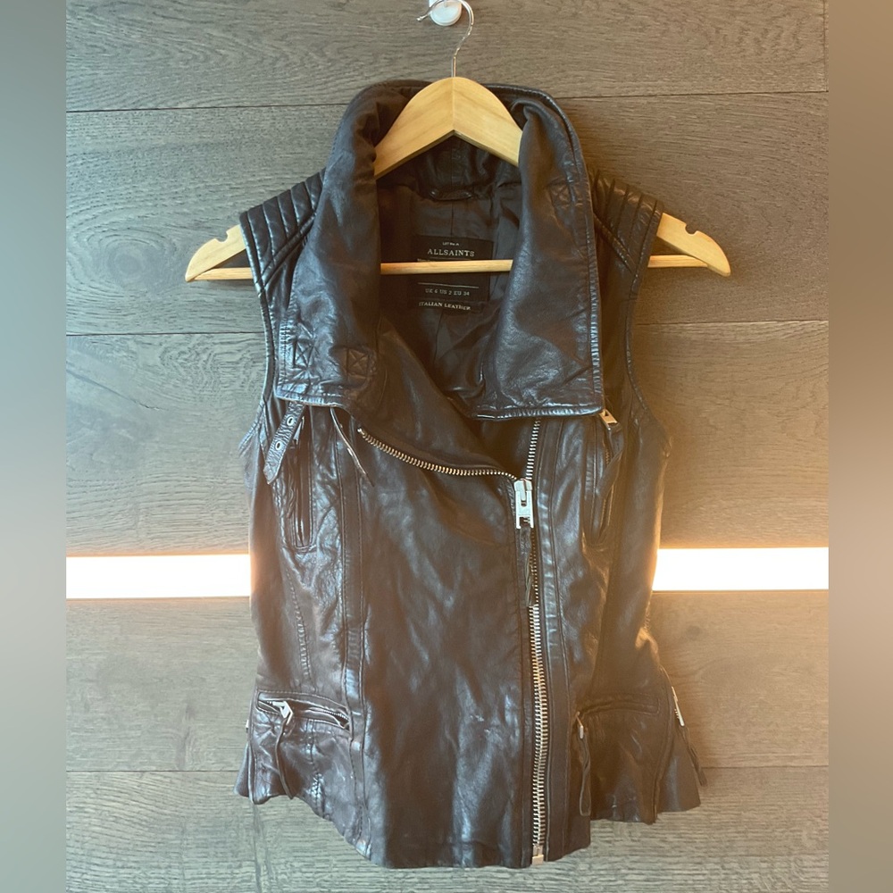 AllSaints Lamb Leather Biker Moto Jacket Sleeveless Vest Quilted Collar Vents - Picture 2 of 7